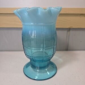 Vintage Jefferson Block Ruffled Blue Opalescent Celery Vase Glass Table Wear